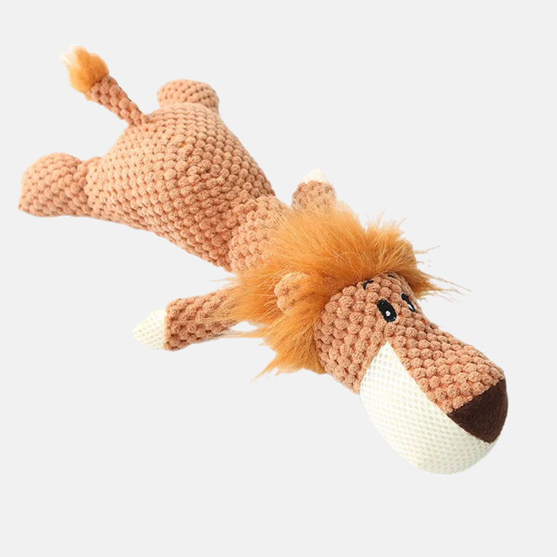 Jouet pour chien en peluche lion, texture douce, couleur marron, idéal pour mâcher et jouer, design amusant, résistant, parfait pour animaux de compagnie.