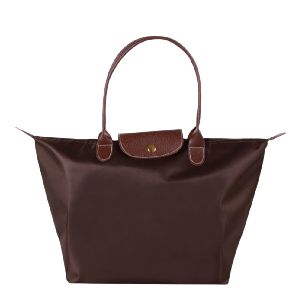 Sac à main en cuir marron foncé avec poignées et rabat, design élégant et classique, accessoire de mode pour femme, idéal pour le quotidien.