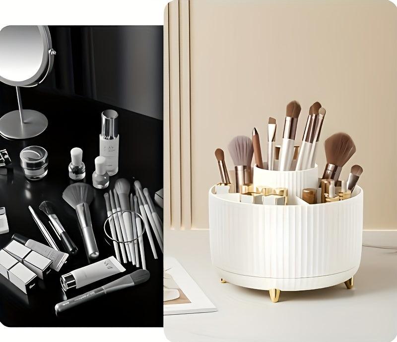 Organisateur de maquillage blanc avec pinceaux cosmétiques, miroir et produits de beauté sur une coiffeuse moderne. Accessoires de maquillage élégants.