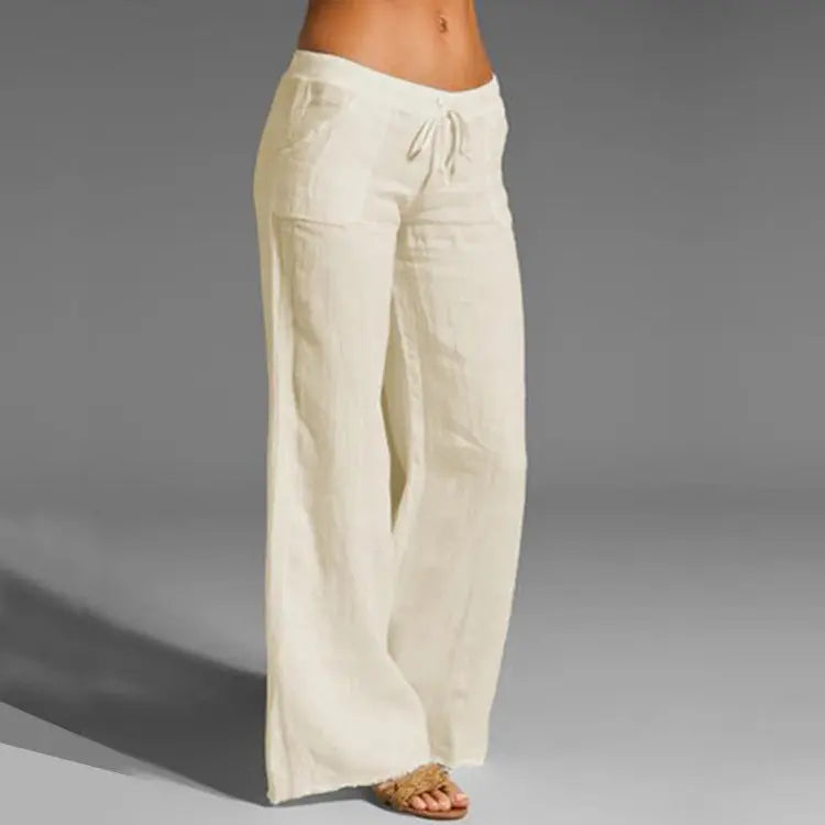 Pantalon large en lin beige pour femme, taille haute avec cordon, style décontracté et estival, idéal pour la mode féminine et les tenues légères.