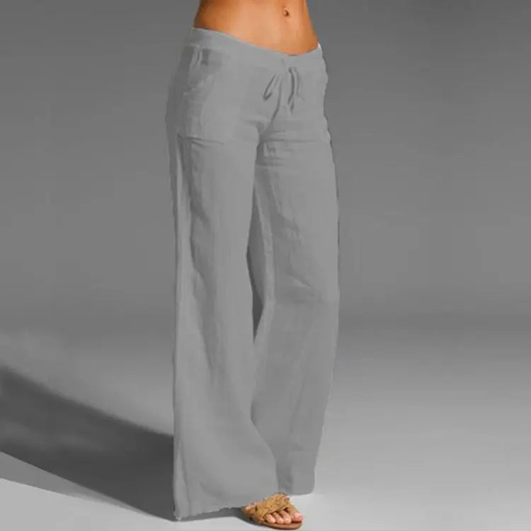 Pantalon large gris pour femme, taille haute, avec cordon de serrage, style décontracté, idéal pour l'été et les tenues de plage.