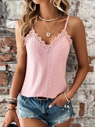 Top de verano sin mangas para mujer con cuello en V y ribete de encaje
