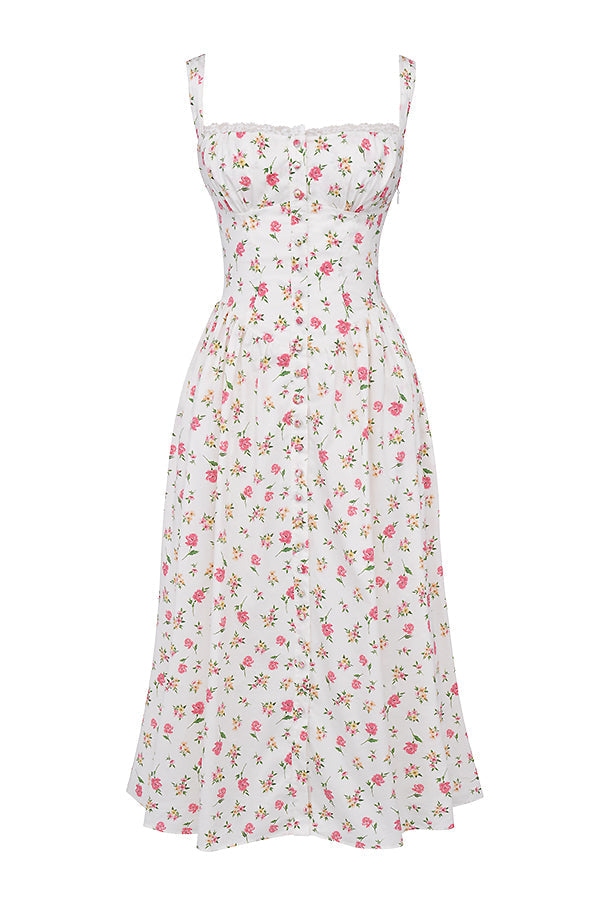 Robe d'été blanche à motifs floraux roses, style vintage, sans manches, en coton léger, idéale pour la mode féminine estivale et les occasions décontractées.