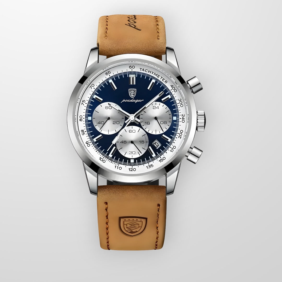 Montre chronographe homme avec cadran bleu, boîtier en acier inoxydable, bracelet en cuir marron, aiguilles luminescentes, style élégant et moderne.