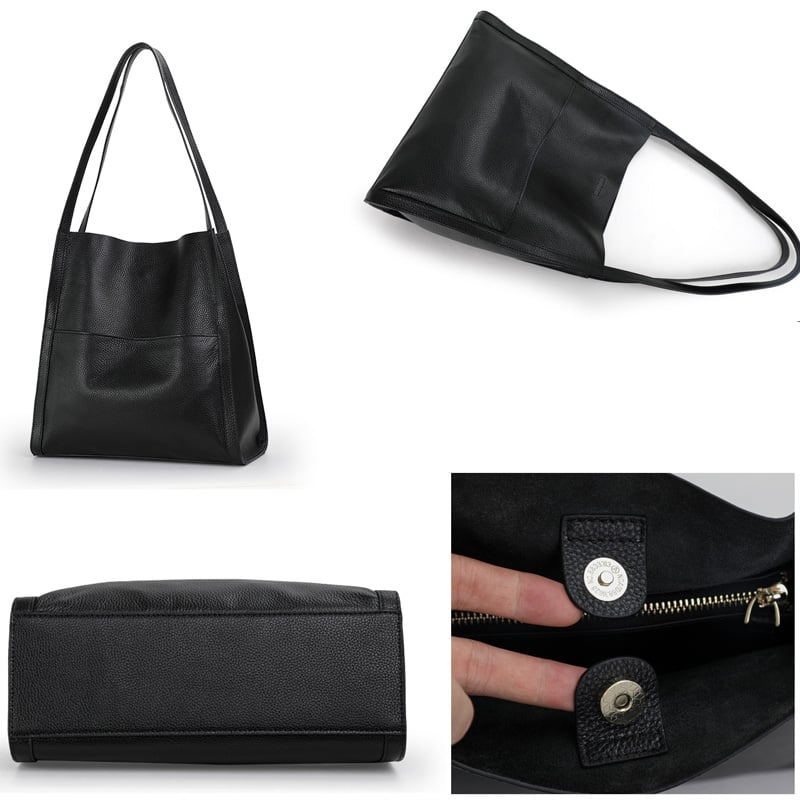 Sac à main en cuir noir élégant avec bandoulière, fermeture éclair et bouton-pression, design minimaliste, idéal pour un usage quotidien chic.