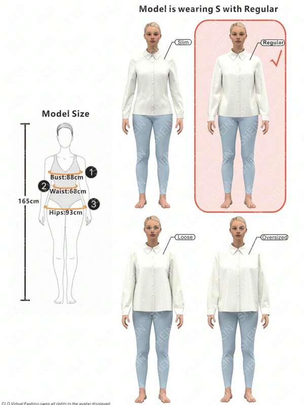 Modèle virtuel portant une chemise blanche et un pantalon bleu, taille S, avec ajustement régulier. Mesures: buste 88cm, taille 68cm, hanches 93cm.