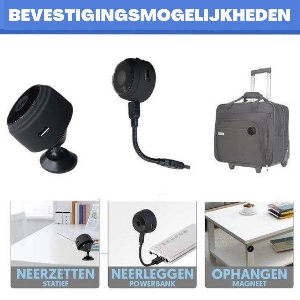 Caméra de sécurité compacte avec options de fixation: trépied, powerbank, aimant. Idéale pour valise, bureau, maison. Polyvalente et portable.
