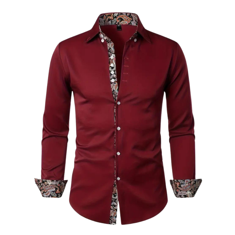 Chemise homme bordeaux élégante avec col et poignets à motifs floraux, manches longues, boutons contrastés. Mode masculine chic et tendance.