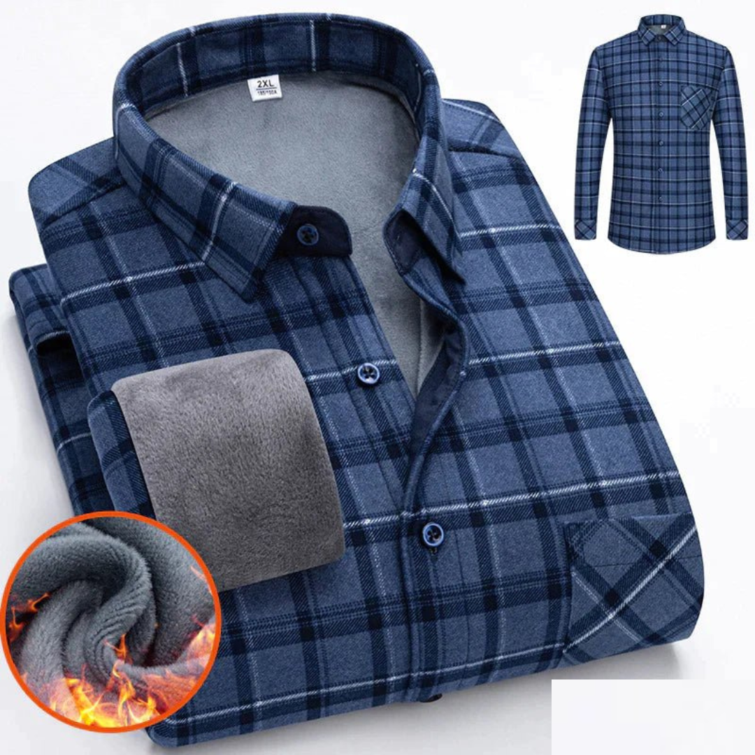 Chemise à carreaux bleue pour homme, doublée en polaire, manches longues, col classique, idéale pour l'hiver, style décontracté et chaud.