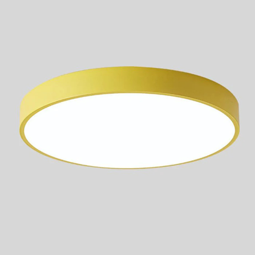Plafonnier LED rond jaune moderne, éclairage intérieur, design minimaliste, lumière blanche, décoration plafond, économie d'énergie.