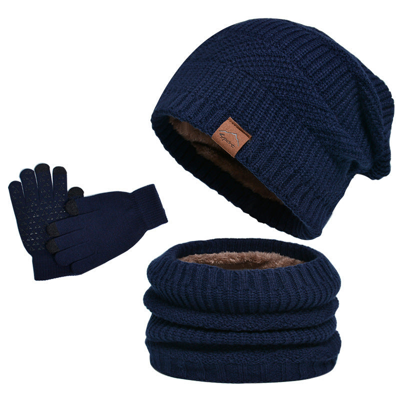 Bonnet, écharpe et gants en tricot bleu marine pour l'hiver, doublés en polaire. Ensemble chaud et élégant pour homme et femme. Accessoires mode hiver.