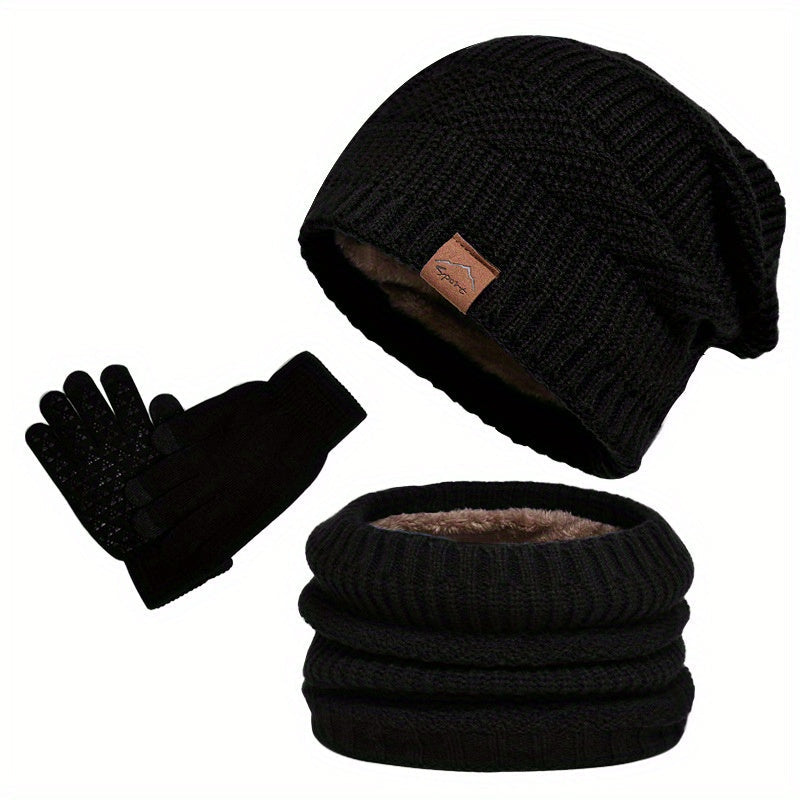 Bonnet noir en tricot, écharpe tube doublée en polaire et gants tactiles noirs. Ensemble hiver chaud et élégant pour homme ou femme.