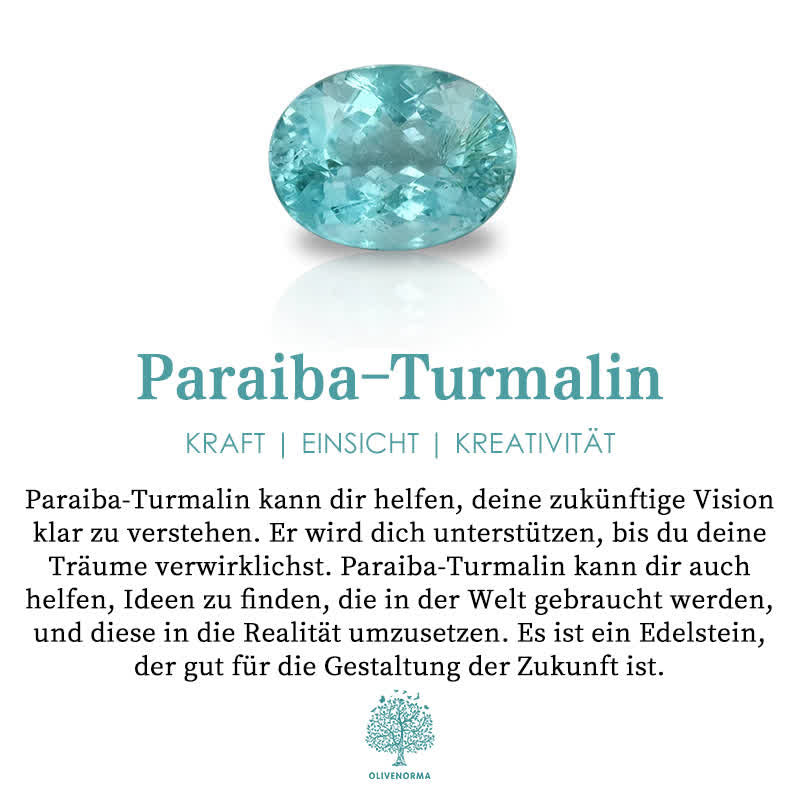 Paraiba-Turmalin ovale bleu-vert brillant, symbolisant la force, la perspicacité et la créativité, avec texte explicatif sur fond blanc.