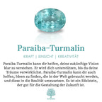 Paraiba-Turmalin ovale bleu-vert brillant, symbolisant la force, la perspicacité et la créativité, avec texte explicatif sur fond blanc.