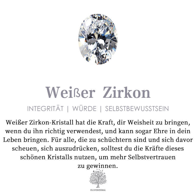 Image d'un cristal de zircon blanc brillant, symbolisant intégrité et confiance en soi, avec texte explicatif en allemand sur ses vertus spirituelles.