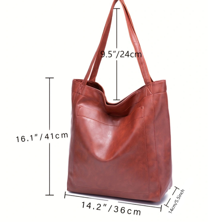 Sac à main en cuir marron avec anses longues, dimensions 41x36x24 cm. Élégant et spacieux, idéal pour le quotidien. Accessoire mode femme tendance.
