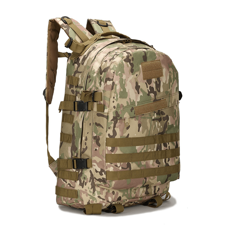 Sac à dos militaire camouflage, grande capacité, résistant à l'eau, idéal pour randonnée, camping, activités extérieures, style tactique robuste.