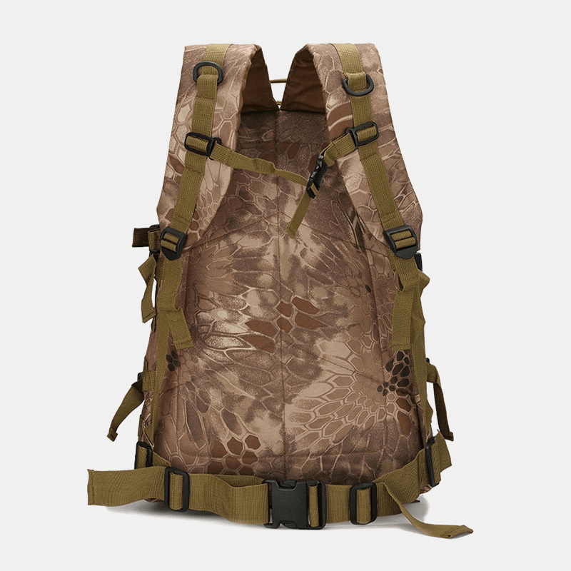 Sac à dos camouflage militaire, design ergonomique, bretelles réglables, idéal pour randonnée, chasse, activités extérieures. Durable et résistant.