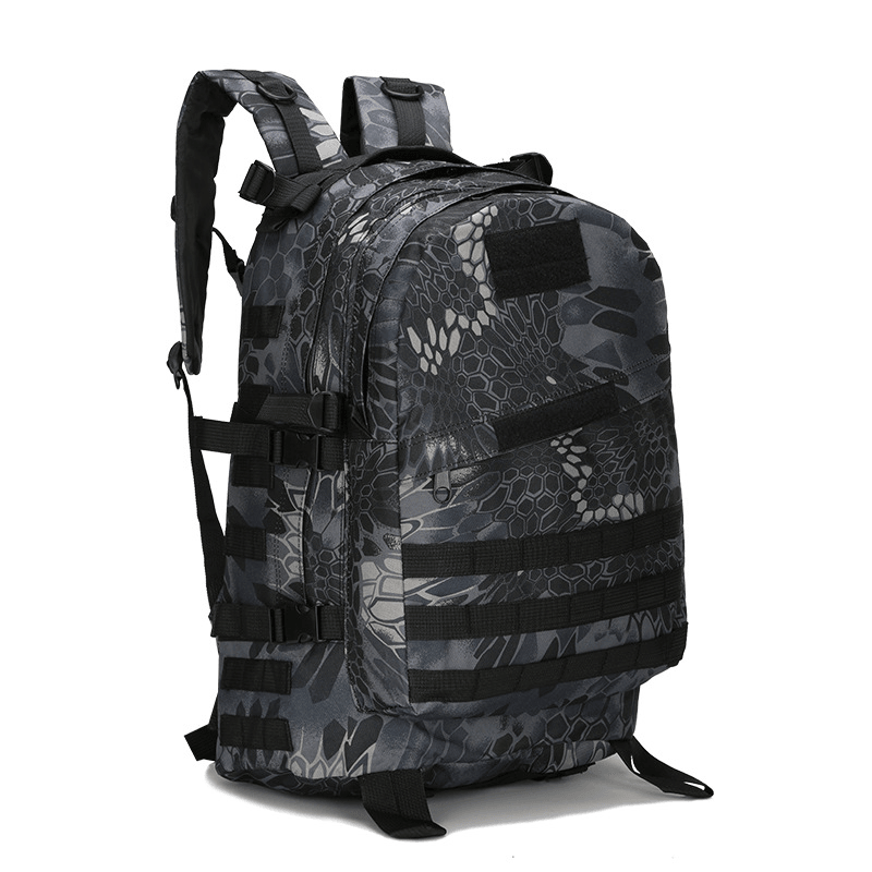 Sac à dos tactique camouflage noir, design militaire robuste, idéal pour randonnée, camping, survie. Multiples poches, bretelles ajustables.