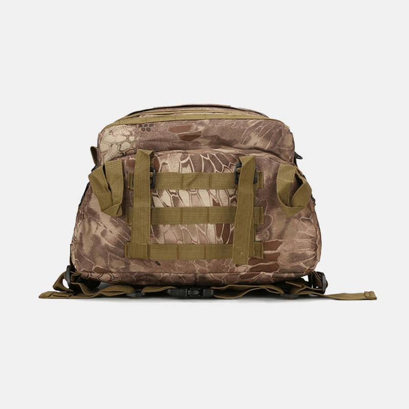 Sac à dos camouflage militaire, design robuste, sangles renforcées, idéal pour randonnée, chasse, activités extérieures. Style tactique polyvalent.