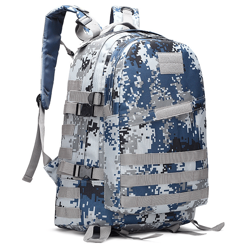 Sac à dos camouflage numérique bleu et gris, grande capacité, avec bretelles réglables et multiples poches, idéal pour randonnée et activités extérieures.