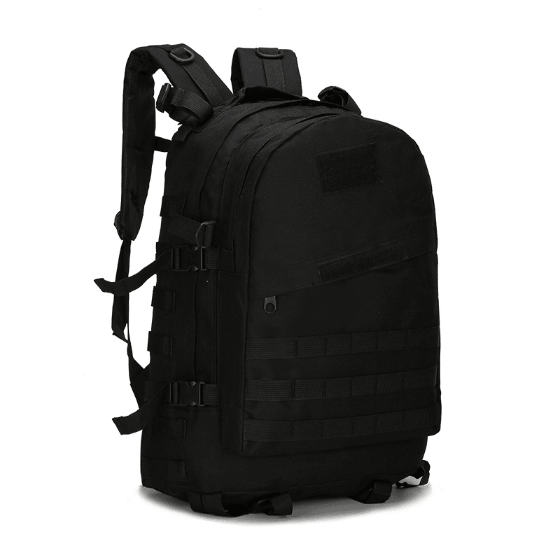Sac à dos tactique noir robuste avec multiples compartiments, bretelles ajustables et système MOLLE, idéal pour randonnée et activités extérieures.