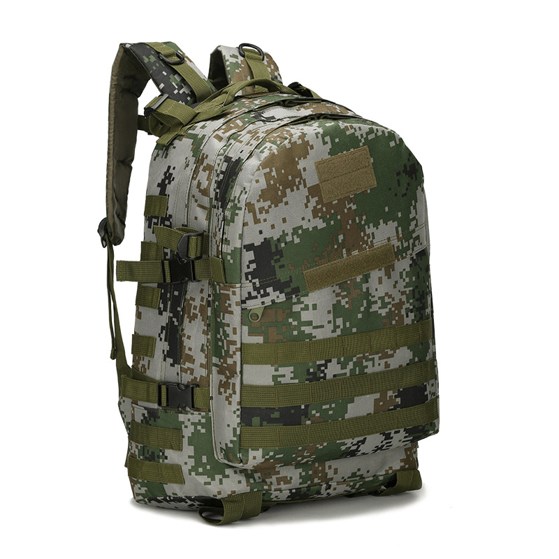 Sac à dos militaire camouflage vert, design tactique robuste, idéal pour randonnée, camping, survie en plein air. Nombreuses poches et sangles ajustables.