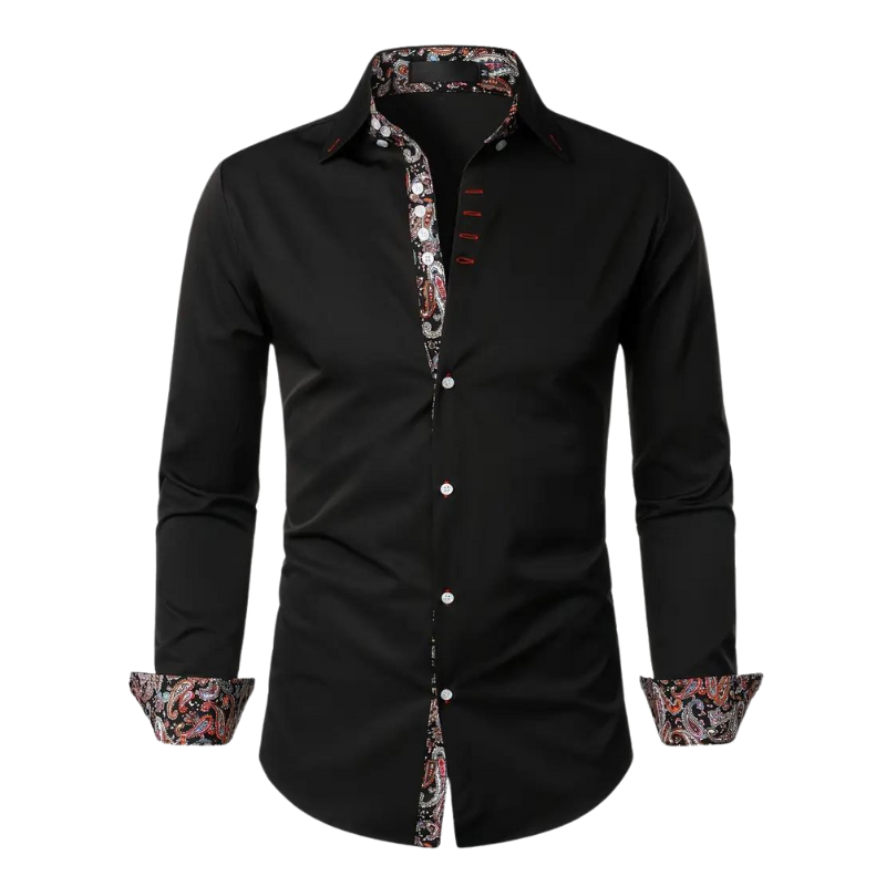 Chemise noire élégante pour homme avec motifs paisley colorés sur le col et les poignets, manches longues, idéale pour mode masculine chic.