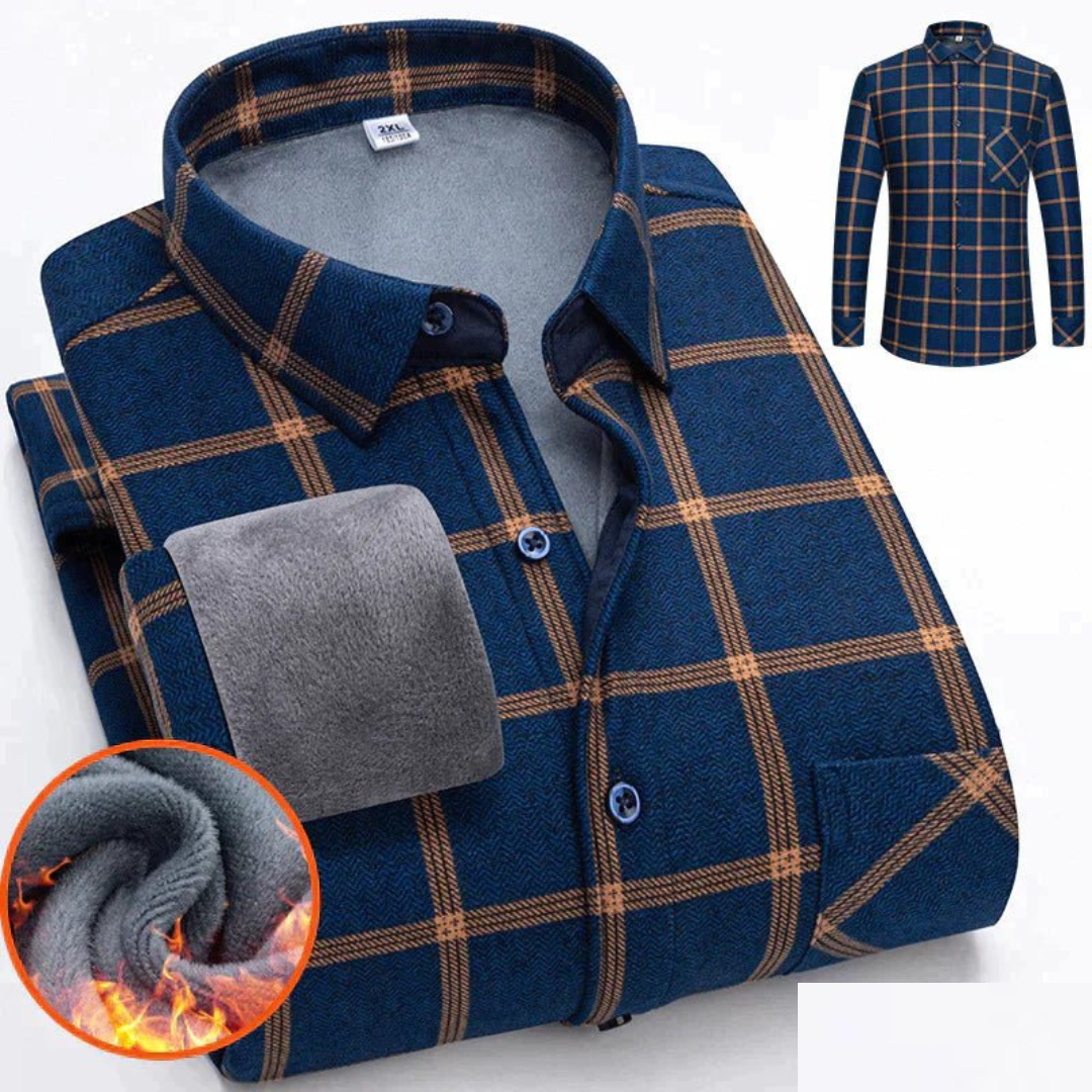 Chemise à carreaux bleue et orange pour homme, doublée en polaire chaude, manches longues, idéale pour l'hiver. Mode masculine, vêtement chaud.