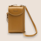 Sac bandoulière en cuir marron pour téléphone portable, design élégant avec rabat, idéal pour mode féminine, accessoire pratique et tendance.