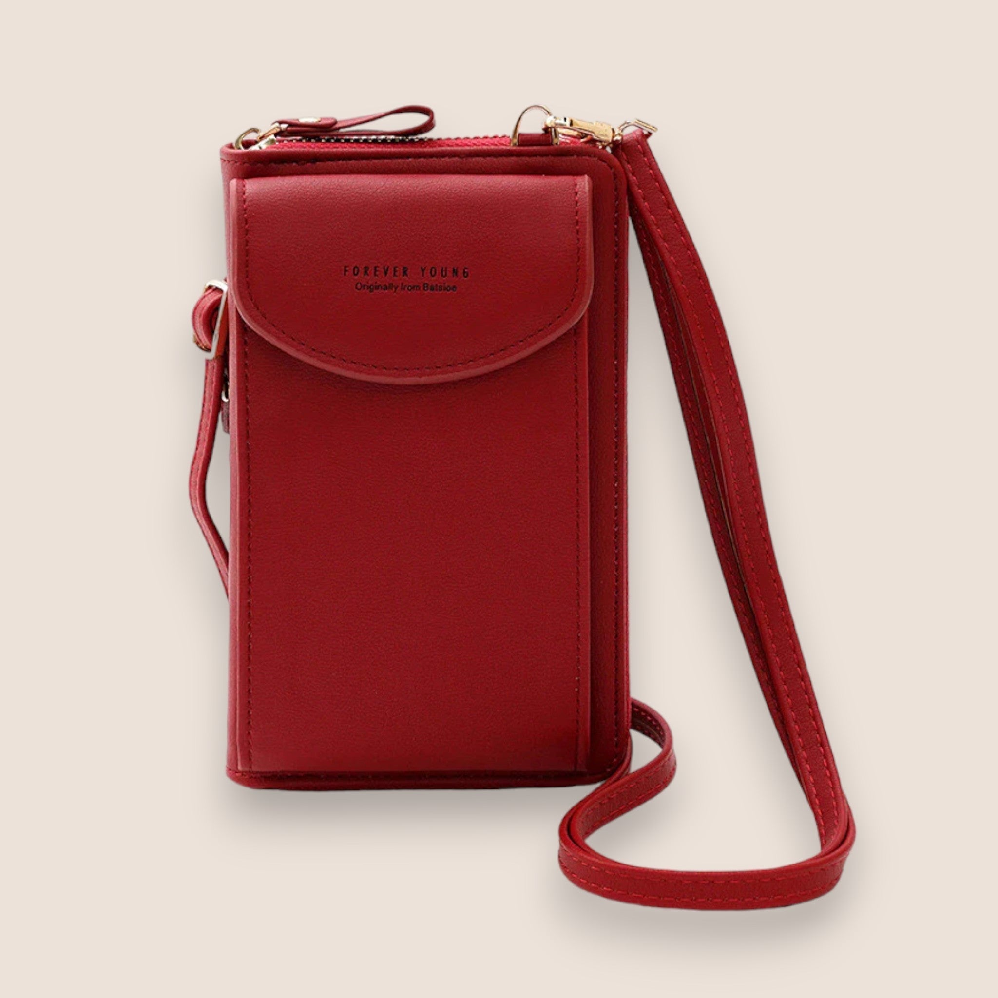 Sac à bandoulière rouge en cuir synthétique, design compact avec rabat, idéal pour smartphone et accessoires, mode féminine tendance.