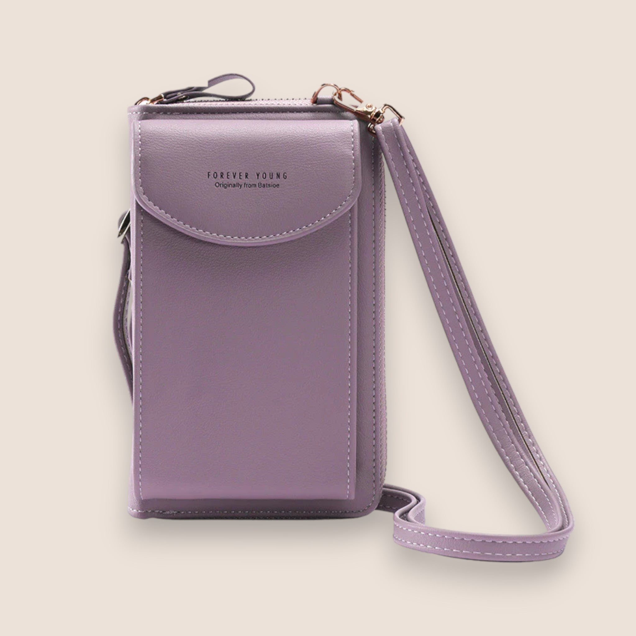 Sac à bandoulière violet en cuir synthétique, design compact avec rabat, idéal pour smartphone et accessoires. Mode tendance, pratique et élégant.