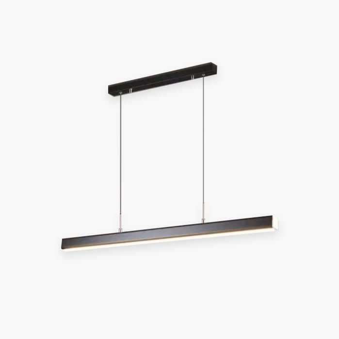 Suspension LED moderne noire, design minimaliste, éclairage intérieur, barre rectangulaire, idéale pour cuisine ou salle à manger contemporaine.