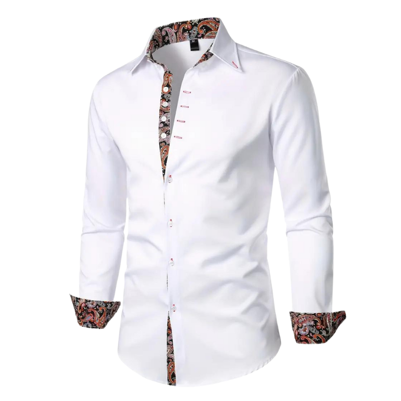 Chemise blanche homme à manches longues, col et poignets ornés de motifs floraux colorés, élégante et moderne, idéale pour occasions formelles.