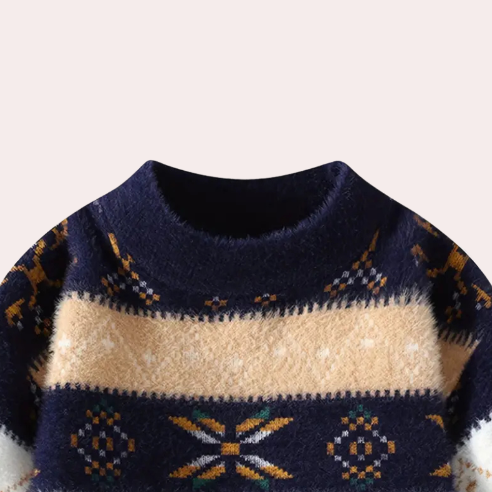 Pull en laine bleu marine à col roulé, motif géométrique multicolore, style hivernal. Mode tendance, vêtement chaud, design nordique élégant.