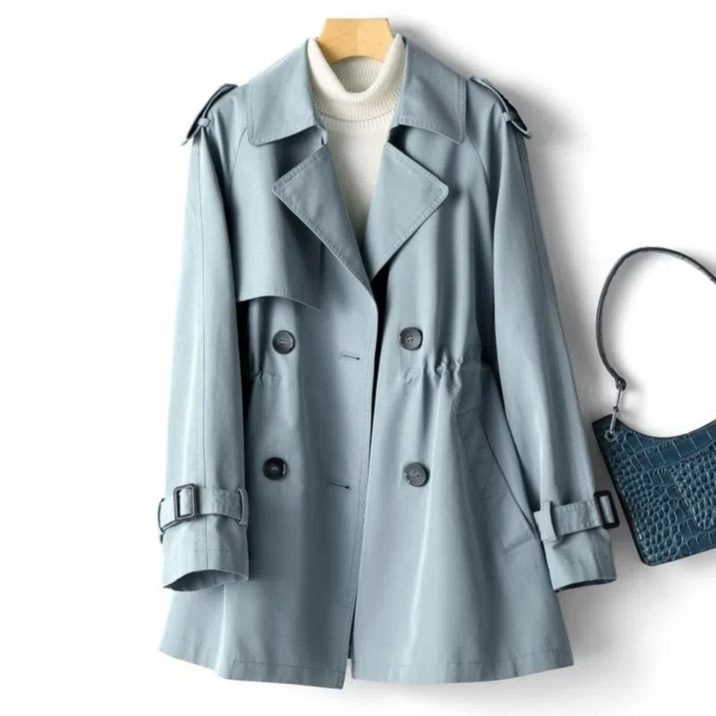 Manteau trench bleu clair pour femme avec ceinture, boutons noirs et col large, accompagné d'un sac à main bleu en cuir texturé.