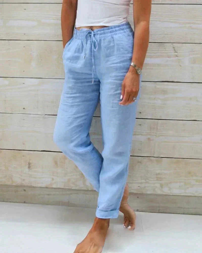 Pantalón de verano de lino con cintura elástica y cordón.