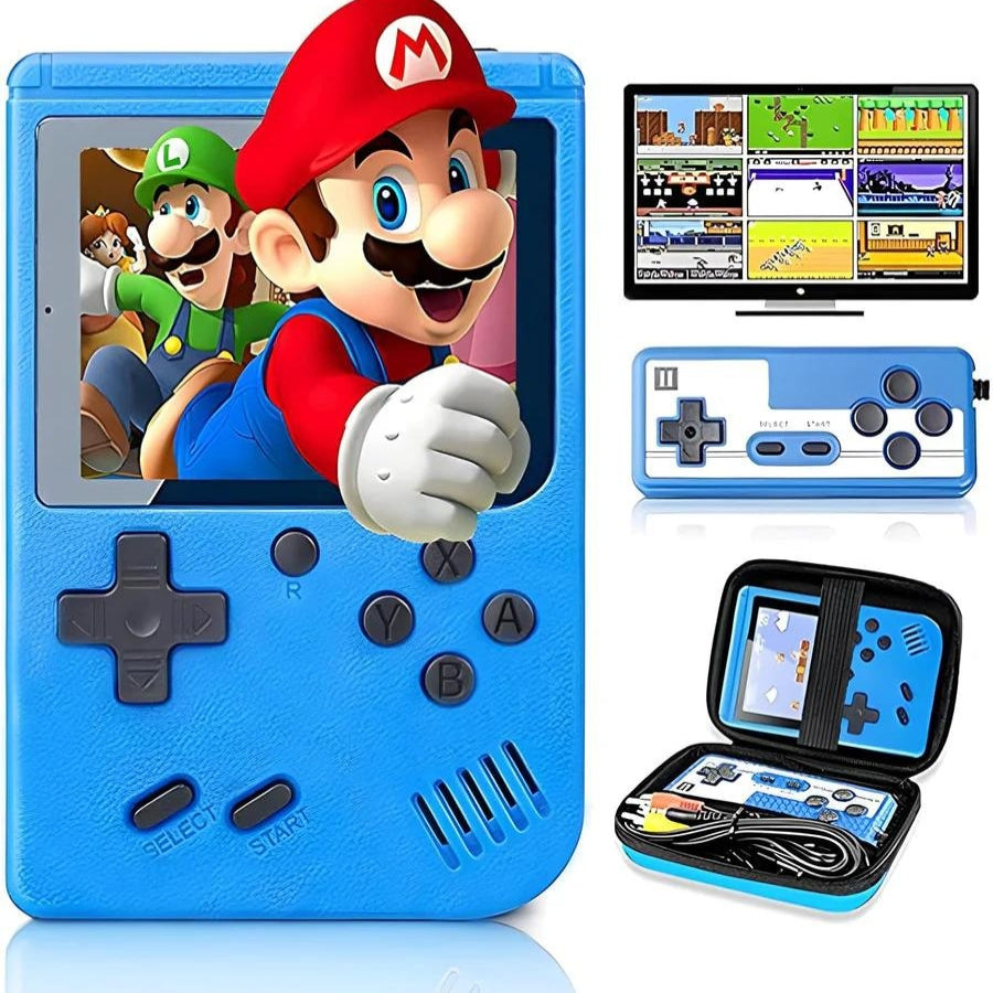 Console de jeu rétro portable bleue avec écran affichant des personnages de jeu vidéo célèbres, manette incluse, étui de transport et jeux classiques.