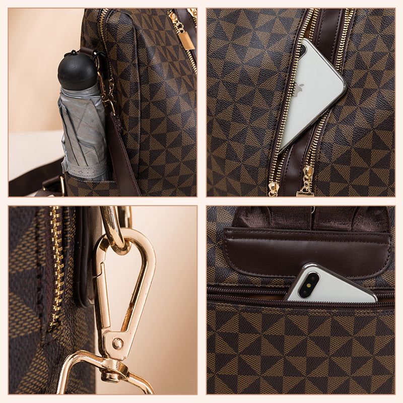 Sac à main en cuir marron avec motif géométrique, équipé de poches zippées contenant un parapluie et un smartphone, et d'un mousqueton doré.