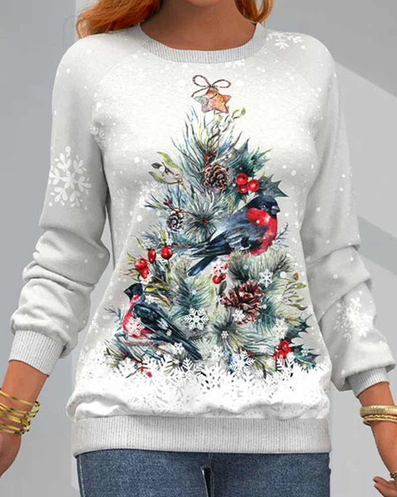 Sweat à manches longues avec motif de sapin de Noël et impression d'oiseaux et de flocons de neige