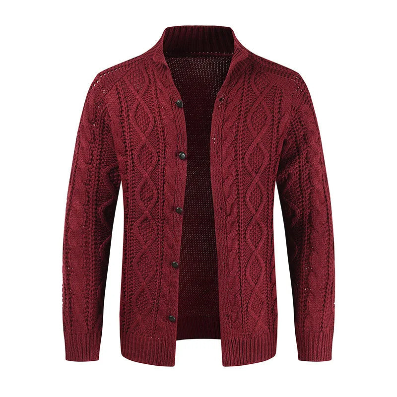 Gilet en maille torsadée bordeaux pour homme, col rond, boutons noirs, style élégant et chaud, idéal pour l'automne et l'hiver.