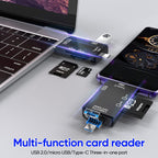 Lecteur de carte multifonction connecté à un ordinateur portable et un smartphone, compatible USB 2.0, micro USB, Type-C, avec adaptateur microSD.