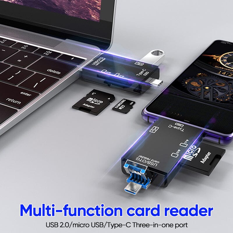 Lecteur de carte multifonction connecté à un ordinateur portable et un smartphone, compatible USB 2.0, micro USB, Type-C, avec adaptateur microSD.