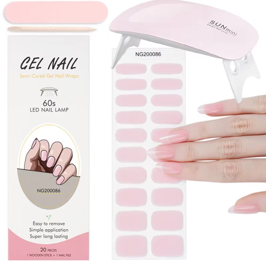 Kit manucure semi-permanent avec lampe LED rose, autocollants gel pour ongles, boîte d'emballage, et ongles manucurés. Facile à appliquer et longue tenue.