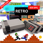 Console de jeu rétro avec deux manettes, affichée sur fond de jeux vidéo classiques. Offre spéciale, 620 jeux inclus.