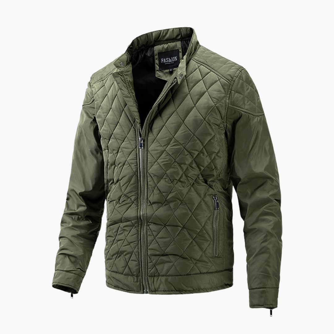 Veste matelassée verte pour homme, style moderne, fermeture éclair, col montant, poches zippées, idéale pour l'automne et l'hiver.