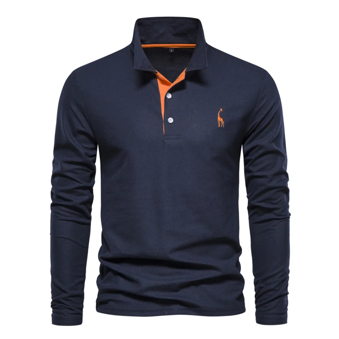 Polo bleu marine à manches longues, col orange, logo brodé, style décontracté pour homme. Mode élégante, vêtement tendance automne-hiver.