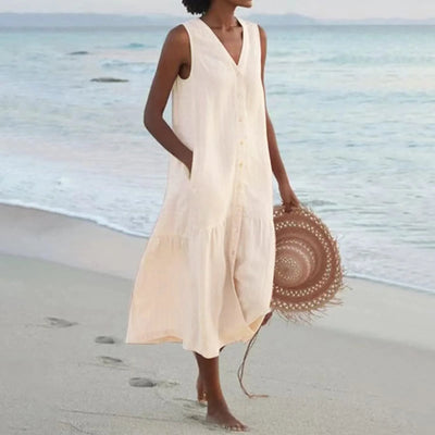 Robe élégante en lin à col en V – Elara