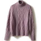 Pull en laine mauve à col roulé, motif torsadé, manches longues. Mode hiver, vêtement chaud, style élégant et confortable.