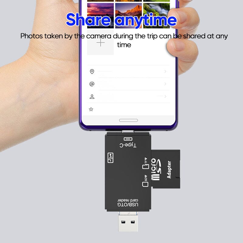 Adaptateur USB OTG Type-C pour carte microSD connecté à un smartphone, facilitant le partage instantané de photos de voyage.